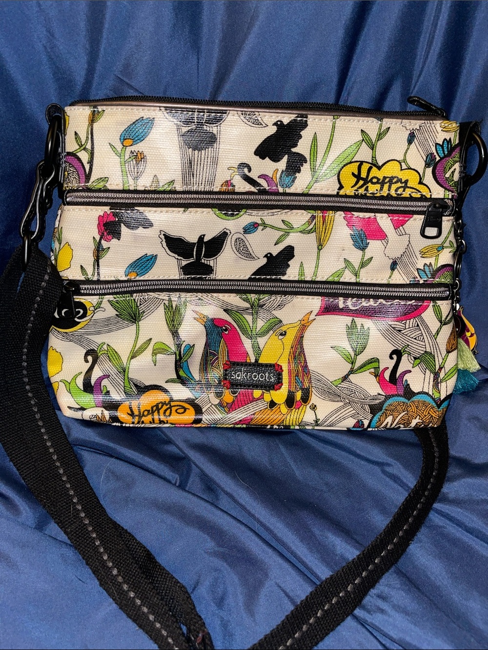 Sakroots Multicolor Peace & Love with Bird & Floral Design Crossbody Bag - Picture 1 of 8